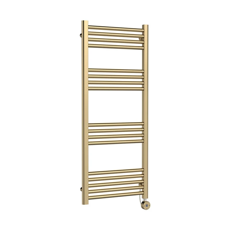 Nuie Electric Bar Towel Rails Round Straight Towel Radiator 1200x500 Contemporary Brushed Brass Steel 1200x500x30mm