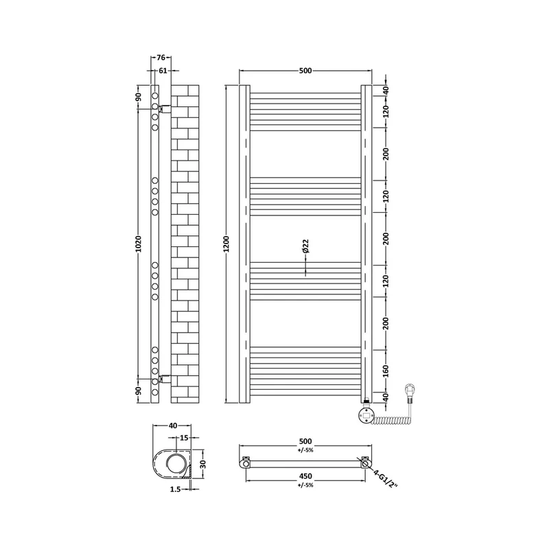 Nuie Electric Bar Towel Rails Round Straight Towel Radiator 1200x500 Contemporary Brushed Brass Steel 1200x500x30mm