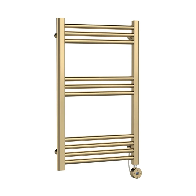 Nuie Electric Bar Towel Rails Round Straight Towel Radiator 800x500 Contemporary Brushed Brass Steel 800x500x30mm