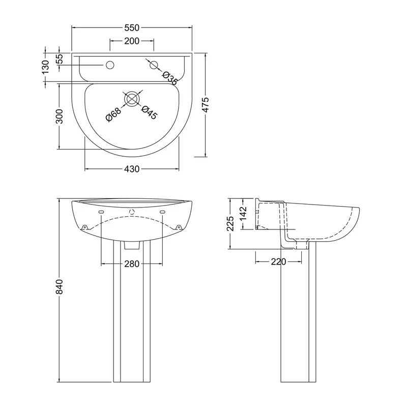 Layla 550mm Basin With 2 Tap Hole & Full Pedestal