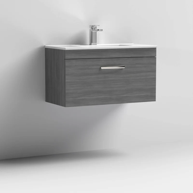 Cape 800mm Wall Hung Single Drawer Vanity Unit & Minimalist Basin - Anthracite Woodgrain