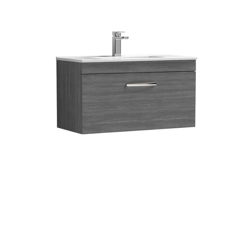 Cape 800mm Wall Hung Single Drawer Vanity Unit & Minimalist Basin - Anthracite Woodgrain