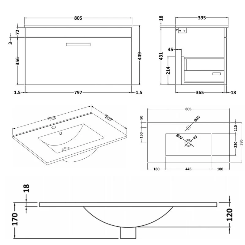 Cape 800mm Wall Hung Single Drawer Vanity Unit & Minimalist Basin - Anthracite Woodgrain