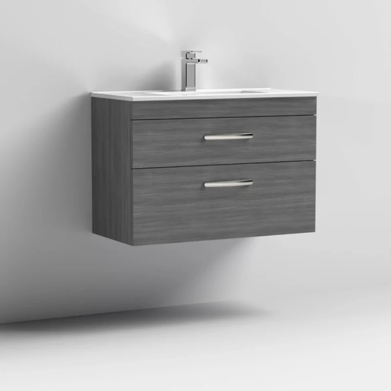 Cape 800mm Wall Hung 2 Drawer Vanity Unit & Minimalist Basin - Anthracite Woodgrain
