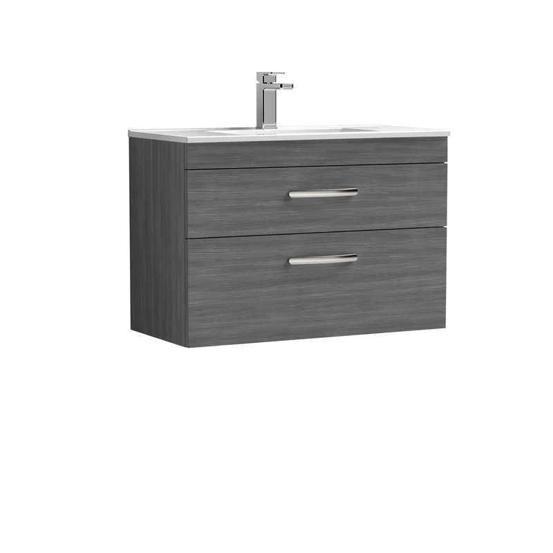 Cape 800mm Wall Hung 2 Drawer Vanity Unit & Minimalist Basin - Anthracite Woodgrain