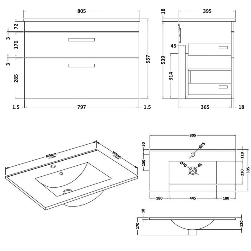 Cape 800mm Wall Hung 2 Drawer Vanity Unit & Minimalist Basin - Gloss Grey
