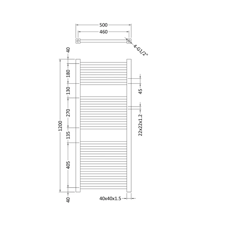 Nuie Square Ladder Rail Contemporary Chrome Steel 1200x500x40mm