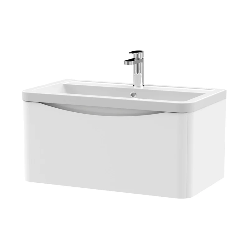 Nuie Lunar 800mm Wall Hung 1 Drawer Vanity & Ceramic Basin Contemporary Satin White Ceramic,MFC Painted Matt 399x800x445mm