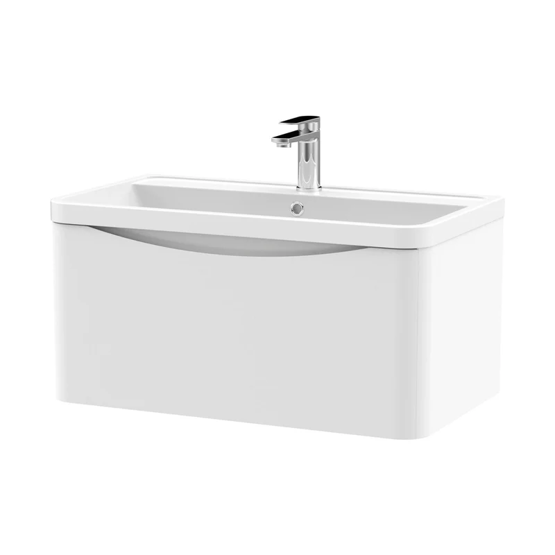 Nuie Lunar 800mm Wall Hung 1 Drawer Vanity & Polymarble Basin Contemporary Satin White MFC Painted Matt,polymarble 399x800x445mm