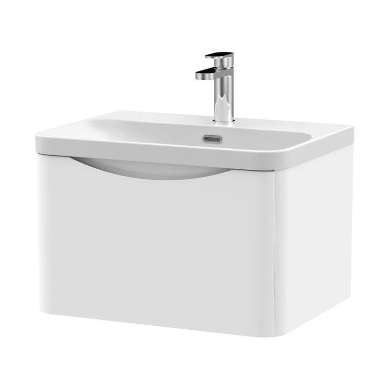 Nuie Lunar 600mm Wall Hung 1 Drawer Vanity & Thin Edge Ceramic Basin Contemporary Satin White Ceramic,MFC Painted Matt