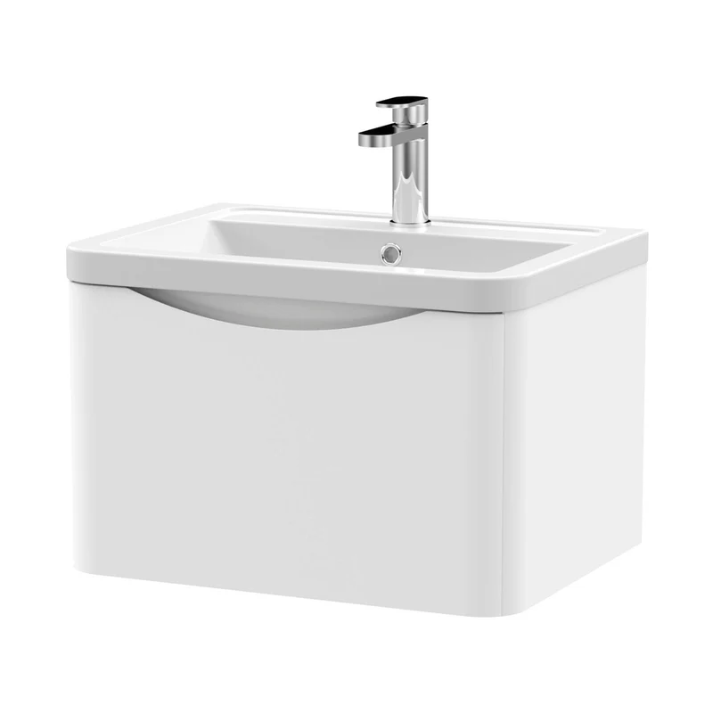 Nuie Lunar 600mm Wall Hung 1 Drawer Vanity & Ceramic Basin Contemporary Satin White Ceramic,MFC Painted Matt 399x600x445mm