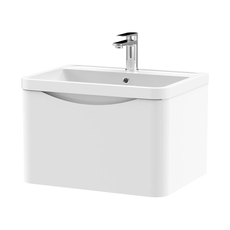Nuie Lunar 600mm Wall Hung 1 Drawer Vanity & Polymarble Basin Contemporary Satin White MFC Painted Matt,polymarble 399x600x445mm