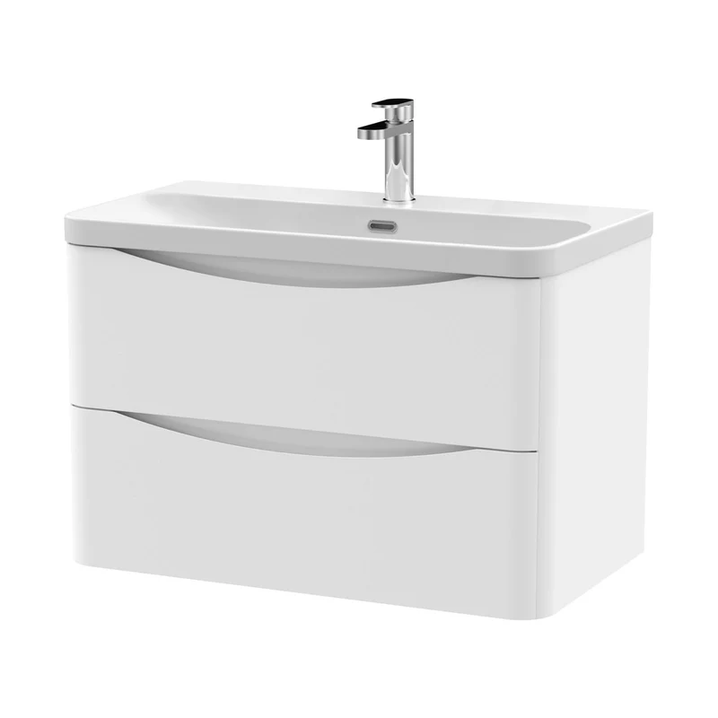 Nuie Lunar 800mm Wall Hung 2 Drawer Vanity & Thin Edge Ceramic Basin Contemporary Satin White Ceramic,MFC Painted Matt