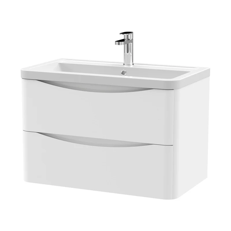 Nuie Lunar 800mm Wall Hung 2 Drawer Vanity & Ceramic Basin Contemporary Satin White Ceramic,MFC Painted Matt 540x800x445mm