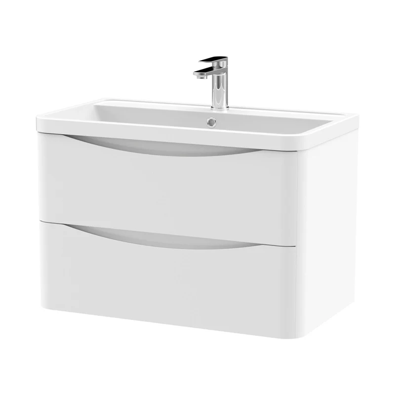 Nuie Lunar 800mm Wall Hung 2 Drawer Vanity & Polymarble Basin Contemporary Satin White MFC Painted Matt,polymarble 540x800x445mm