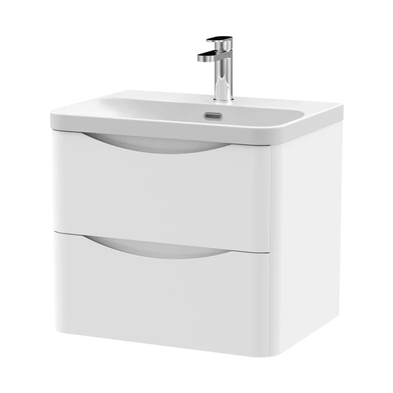 Nuie Lunar 600mm Wall Hung 2 Drawer Vanity & Thin Edge Ceramic Basin Contemporary Satin White Ceramic,MFC Painted Matt