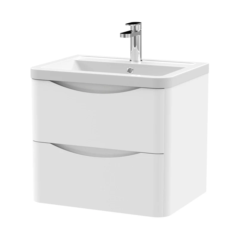 Nuie Lunar 600mm Wall Hung 2 Drawer Vanity & Ceramic Basin Contemporary Satin White Ceramic,MFC Painted Matt 540x600x445mm
