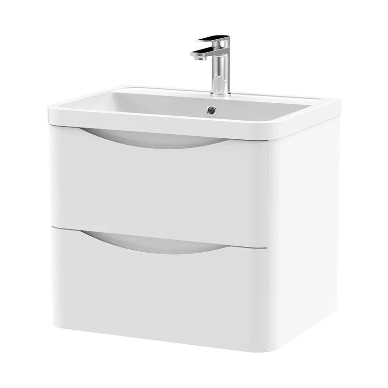 Nuie Lunar 600mm Wall Hung 2 Drawer Vanity & Polymarble Basin Contemporary Satin White MFC Painted Matt,polymarble 540x600x445mm