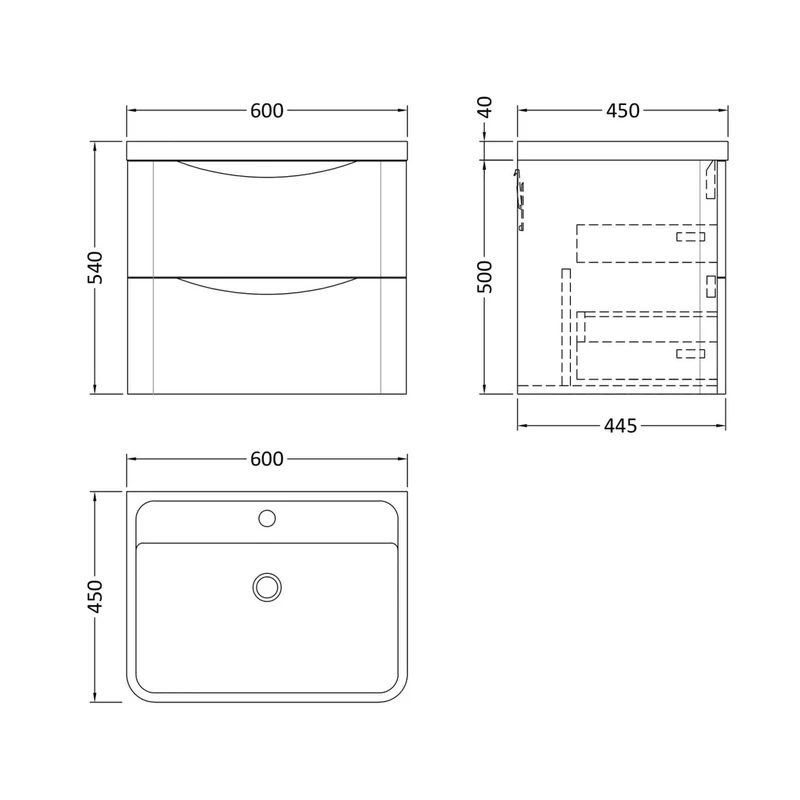Nuie Lunar 600mm Wall Hung 2 Drawer Vanity & Polymarble Basin Contemporary Satin White MFC Painted Matt,polymarble 540x600x445mm