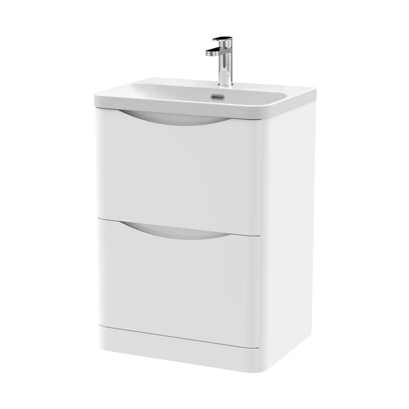 Nuie Lunar 600mm Floor Standing 2 Drawer Vanity & Thin Edge Ceramic Basin Contemporary Satin White Ceramic,MFC Painted Matt