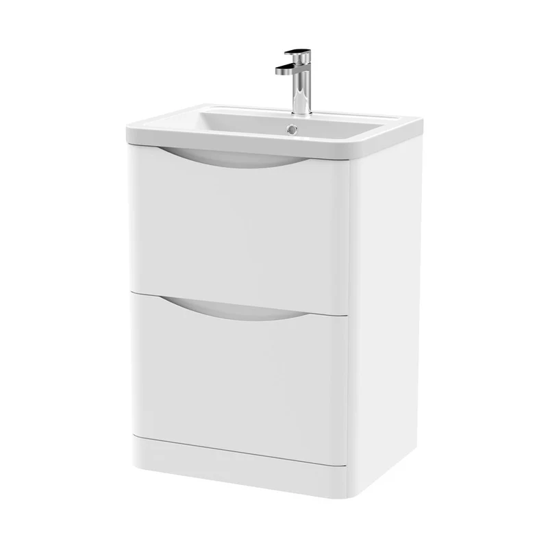 Nuie Lunar 600mm Floor Standing 2 Drawer Vanity & Ceramic Basin Contemporary Satin White Ceramic,MFC Painted Matt 840x600x445mm