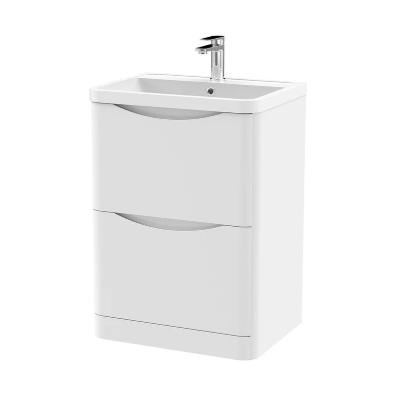 Nuie Lunar 600mm Floor Standing 2 Drawer Vanity & Polymarble Basin Contemporary Satin White MFC Painted Matt,polymarble 840x600x445mm