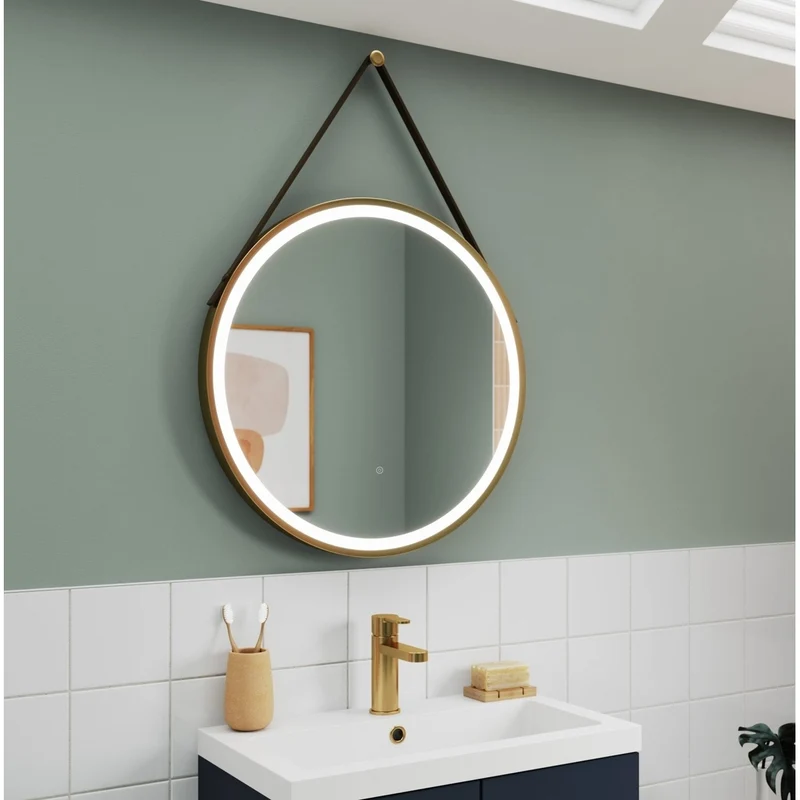 Nuie Framed Led Touch Sensor Mirrors 600mm Round Illuminated Mirror Contemporary Brushed Brass Aluminium 600x600x40mm