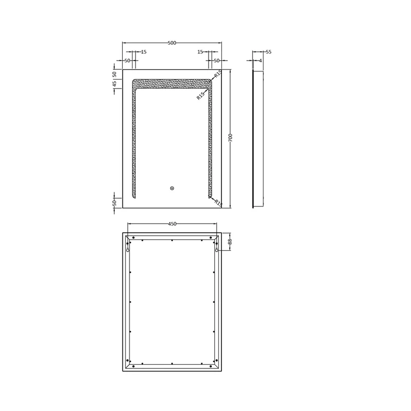 Nuie Led Touch Sensor 700 X 500 Led Mirror Contemporary Silver Aluminium 700x500x45mm
