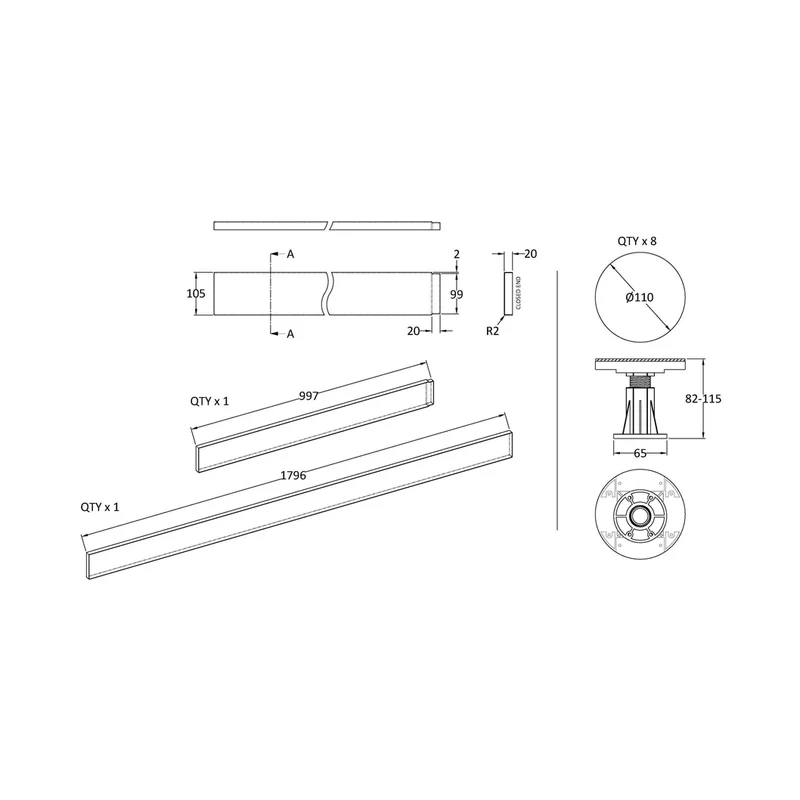 Nuie Leg Sets And Plinths Leg Set Suitable For 1100-1200 Rectangular Trays Contemporary White ABS 12x105x12mm