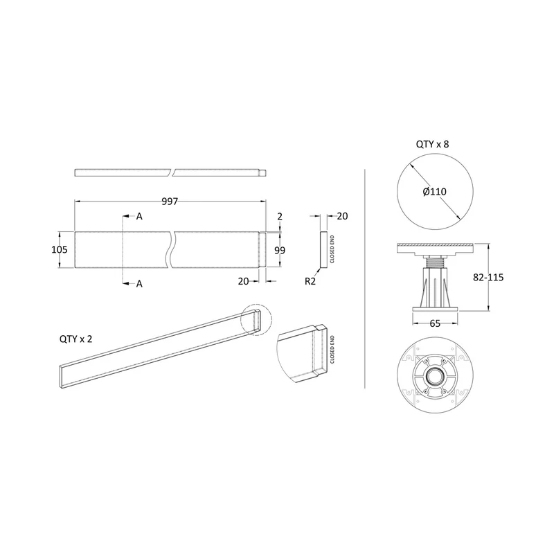 Nuie Leg Sets And Plinths Leg Set Suitable For 1000 Square & Rectangular Trays Contemporary White ABS 12x105x12mm