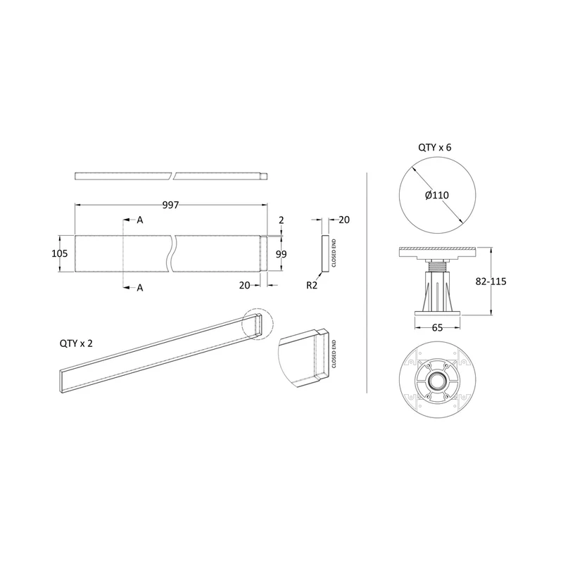 Nuie Leg Sets And Plinths Leg Set Suitable For 700-900 Square & Rectangular Trays Contemporary Grey Slate ABS 20x105x20mm