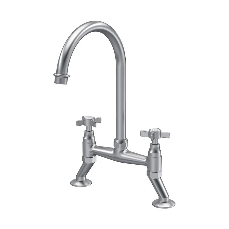 Nuie Bridge Sink Mixer Crosshead Traditional Brushed Nickel Brass 510x235x200mm