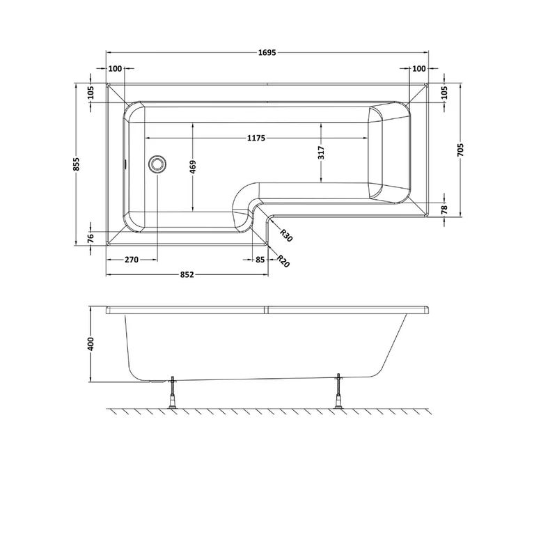 Nuie 1700mm Left Hand Square Shower Bath Contemporary White Acrylic