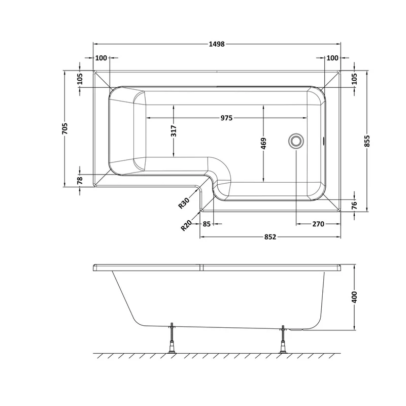 Nuie 1500mm Right Hand Square Shower Bath Contemporary White Acrylic 390x850x390mm