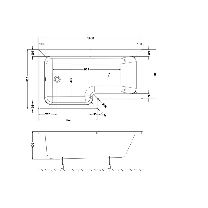 Nuie 1500mm Left Hand Square Shower Bath Contemporary White Acrylic 390x850x390mm