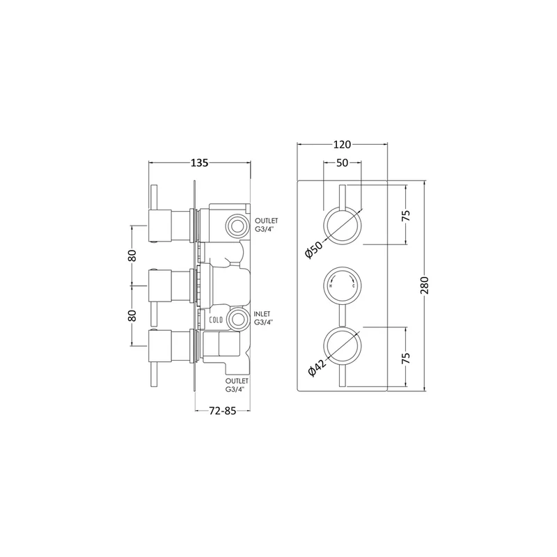 Nuie Triple Thermostatic Shower Valve With Diverter Contemporary Chrome Brass 280x120x130mm