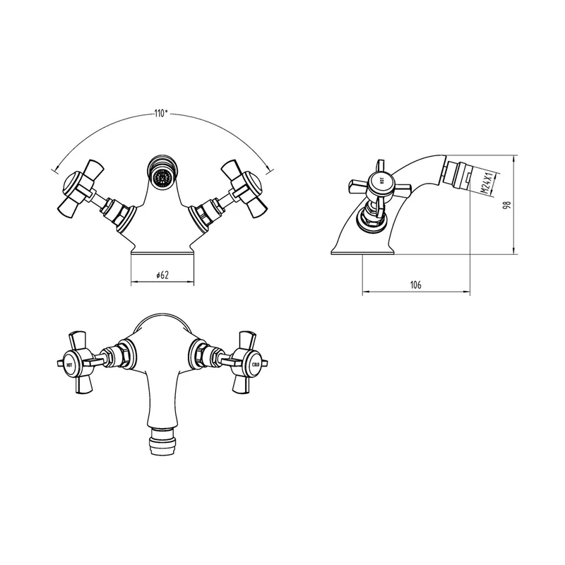 Nuie Beaumont Luxury Mono Bidet Mixer Traditional Chrome Brass 95x50x135mm