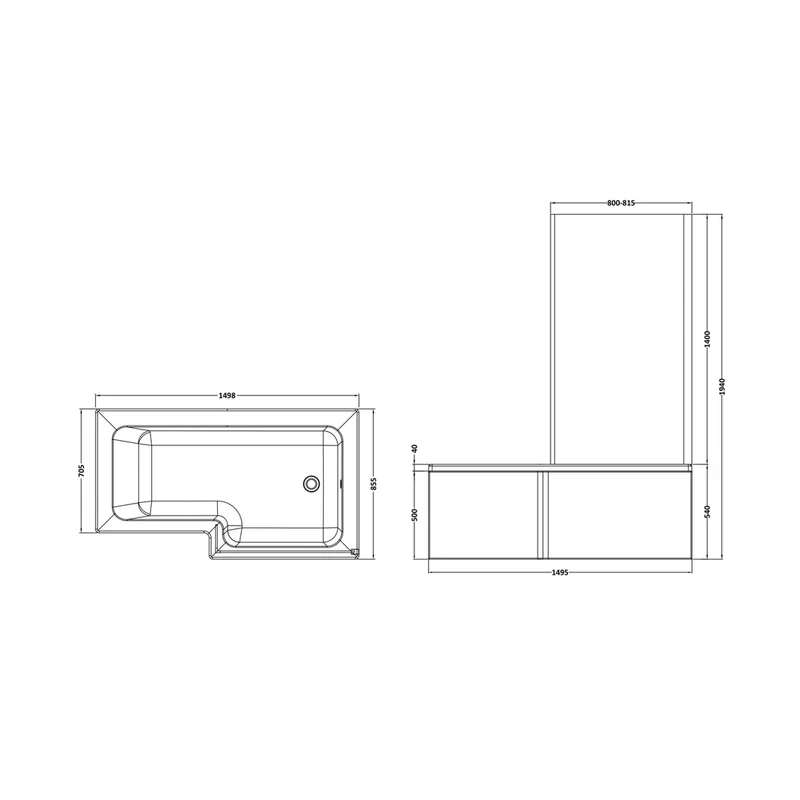 Nuie Shower Baths 1500mm Right Hand Square Shower Bath Set Contemporary White Acrylic,aluminium