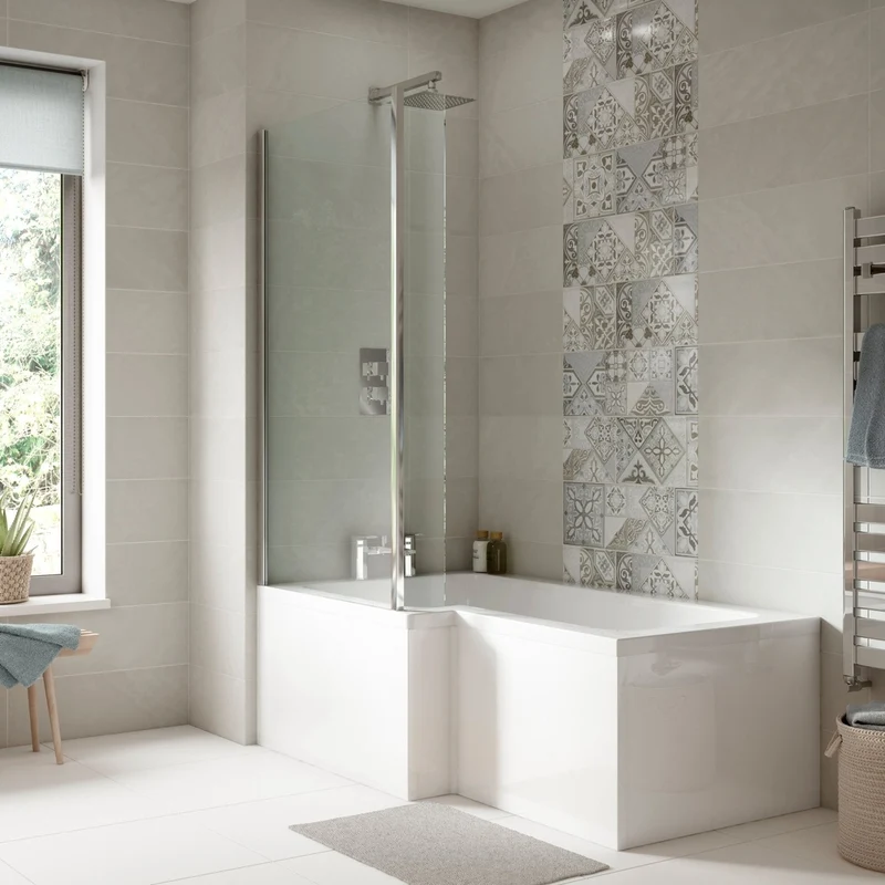 Nuie Shower Baths 1500mm Left Hand Square Shower Bath Set Contemporary White Acrylic,aluminium