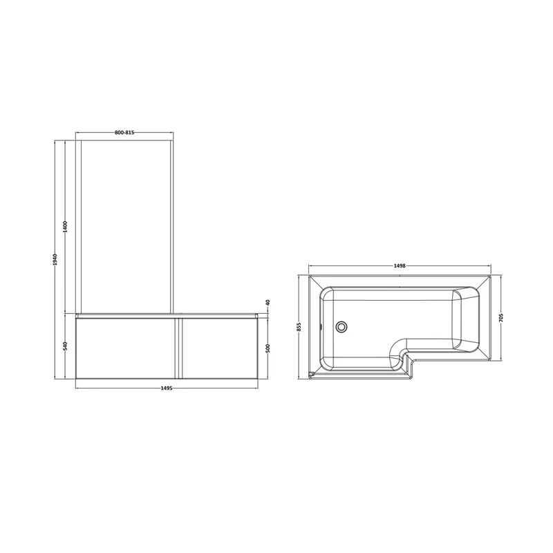 Nuie Shower Baths 1500mm Left Hand Square Shower Bath Set Contemporary White Acrylic,aluminium