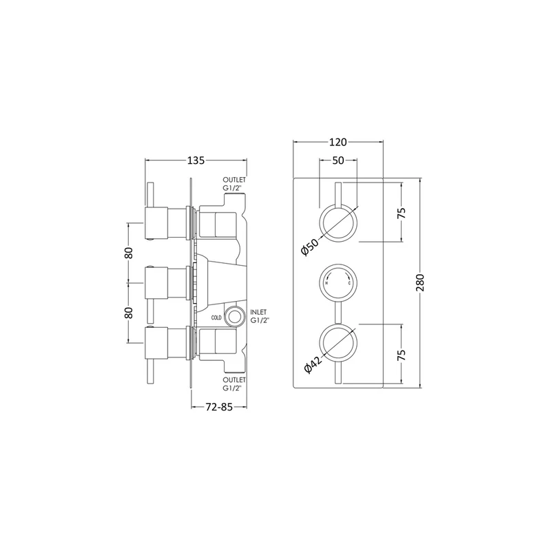 Nuie Triple Thermostatic Shower Valve Contemporary Chrome Brass ABS 280x120x135mm