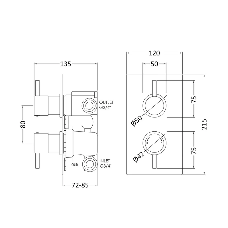 Nuie Twin Thermostatic Shower Valve With Diverter Contemporary Chrome Brass ABS 215x120x135mm