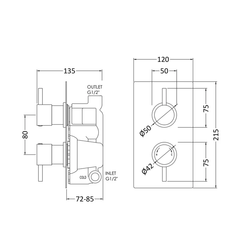 Nuie Twin Thermostatic Shower Valve Contemporary Chrome Brass ABS 215x120x135mm