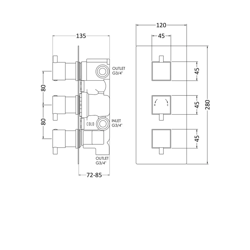 Nuie Triple Thermostatic Shower Valve With Diverter Contemporary Chrome Brass ABS 280x120x136mm