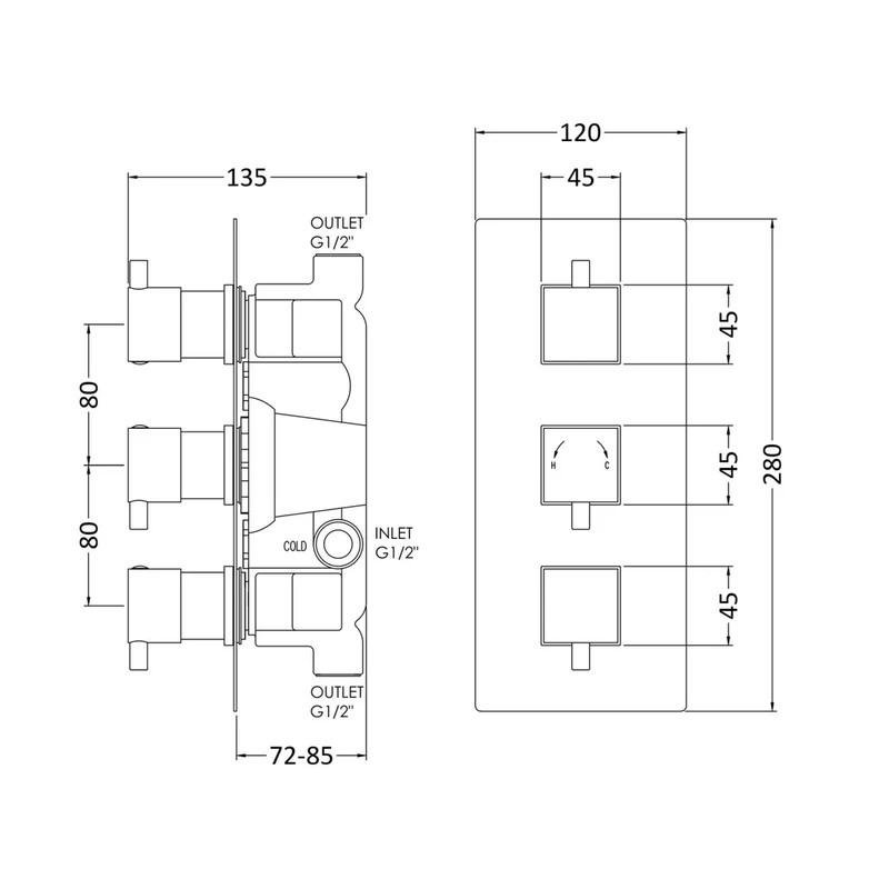 Nuie Triple Thermostatic Shower Valve Contemporary Chrome Brass ABS 280x120x136mm