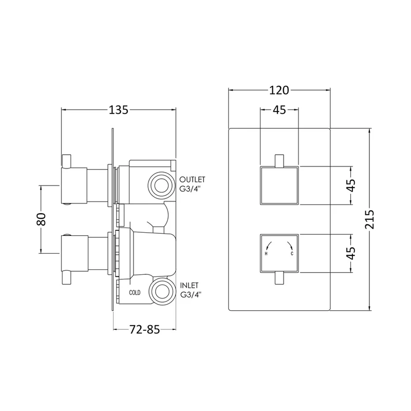 Nuie Twin Thermostatic Shower Valve With Diverter Contemporary Chrome Brass ABS 215x120x133mm