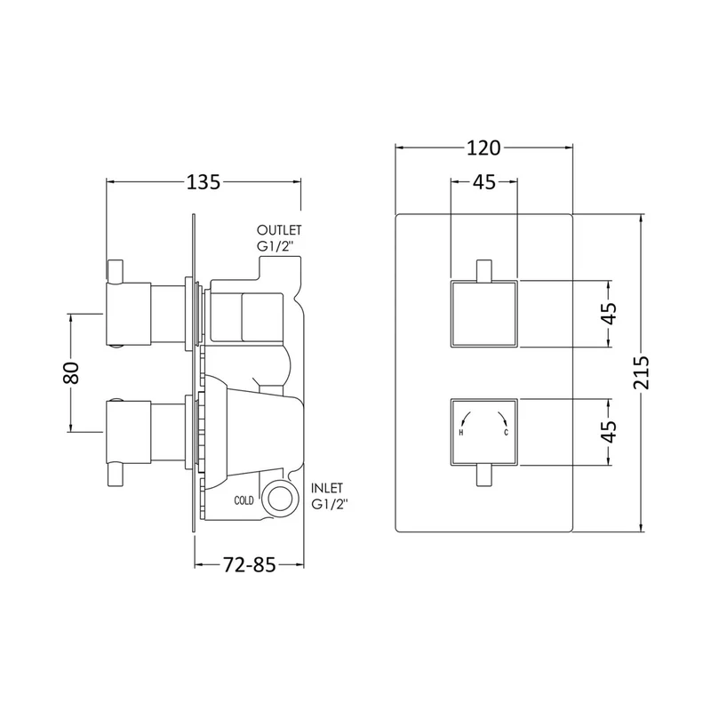 Nuie Twin Thermostatic Shower Valve Contemporary Chrome Brass ABS 215x120x133mm
