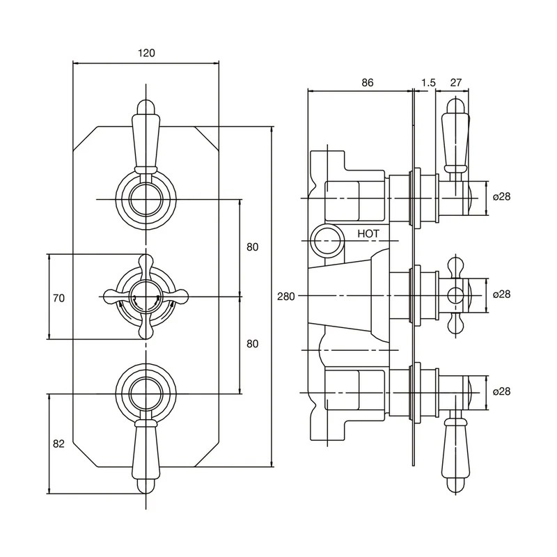 Nuie Victorian Triple Thermostatic Shower Valve Traditional Chrome Brass ABS 280x120x135mm - ITY317