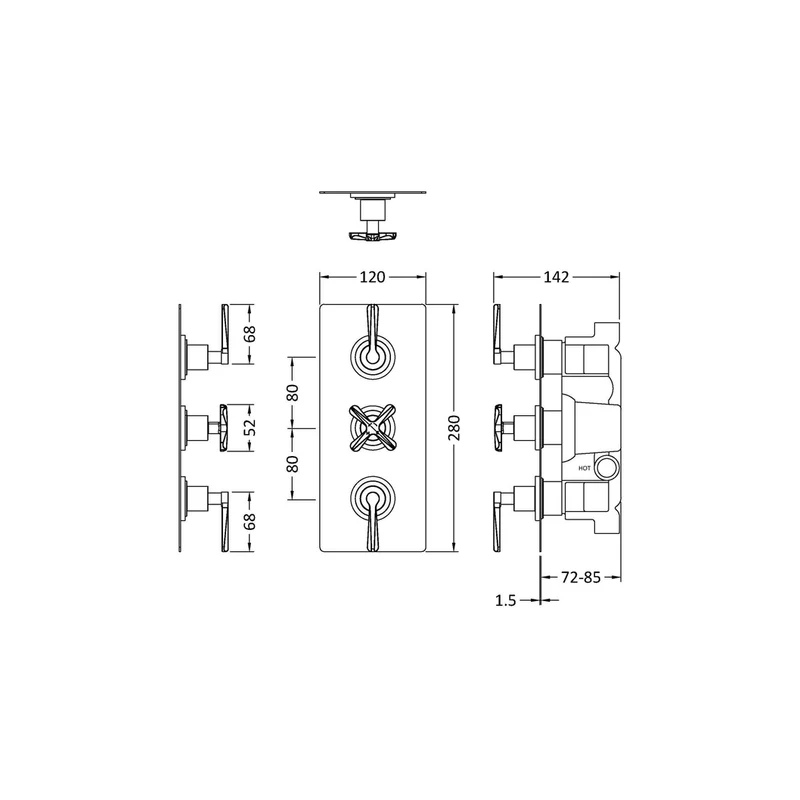 Nuie Aztec Triple Thermostatic Shower Valve Contemporary Chrome Brass ABS 280x120x136mm
