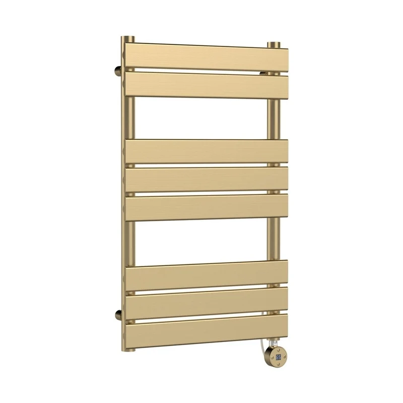 Nuie Electric Flat Panel Towel Rails Square Flat Towel Radiator 840x500 Contemporary Brushed Brass Steel 840x500x30mm